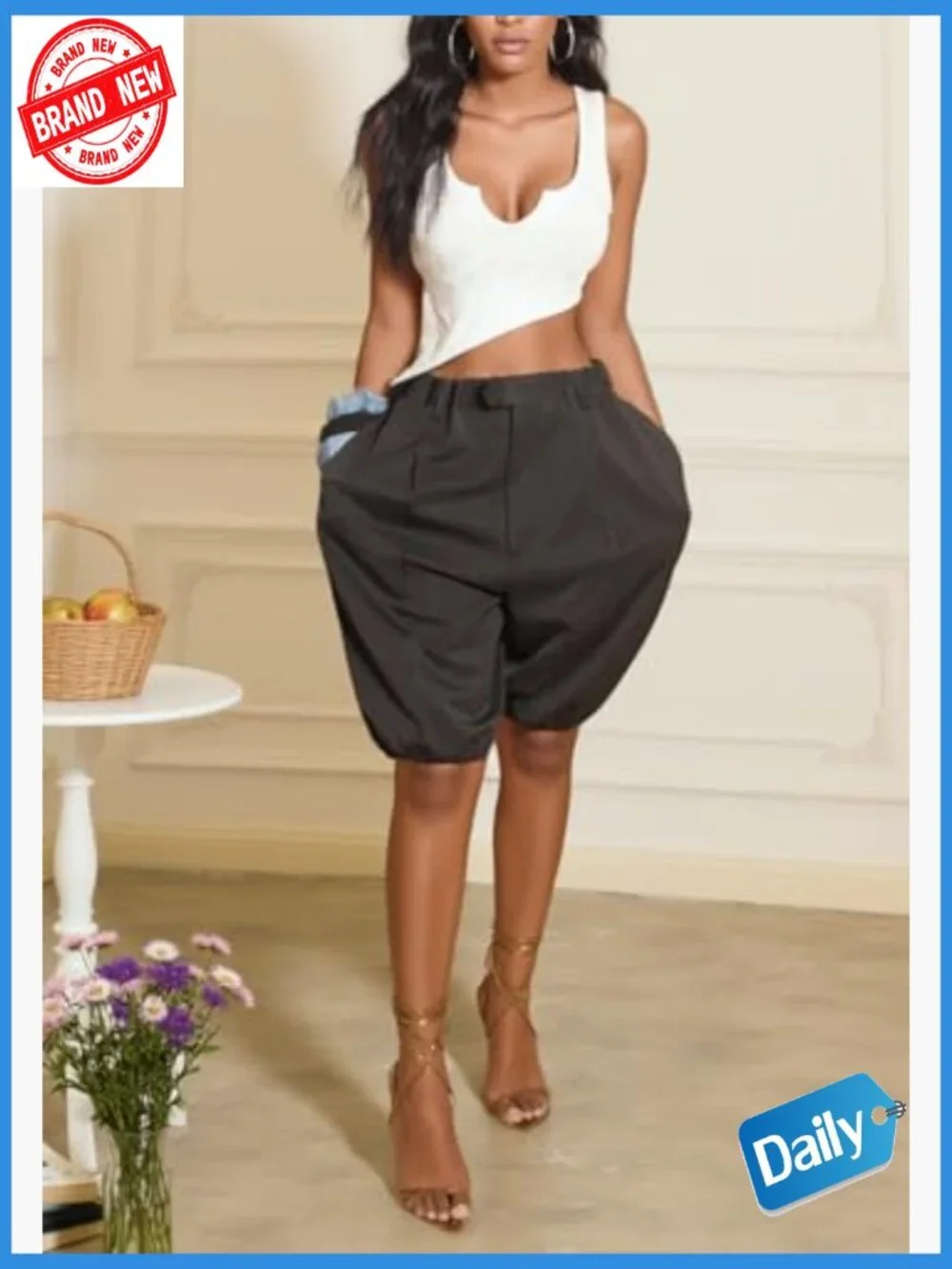 Lantern Balloon Baggy Wide Leg Bermuda Shorts Elastic Waist High Rise Summer